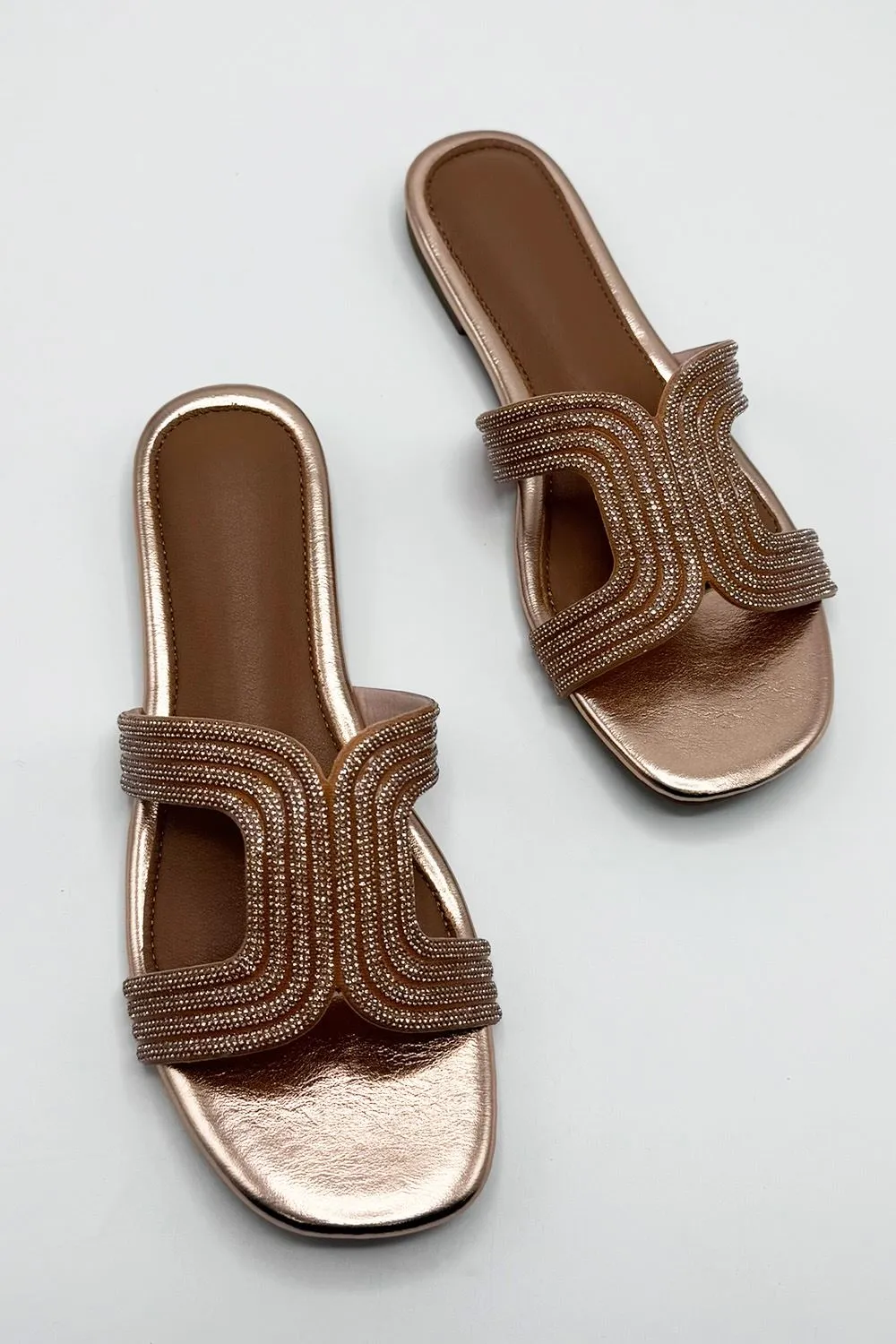 Hera Diamante Embellished Cut-Out Sliders in Rose Gold