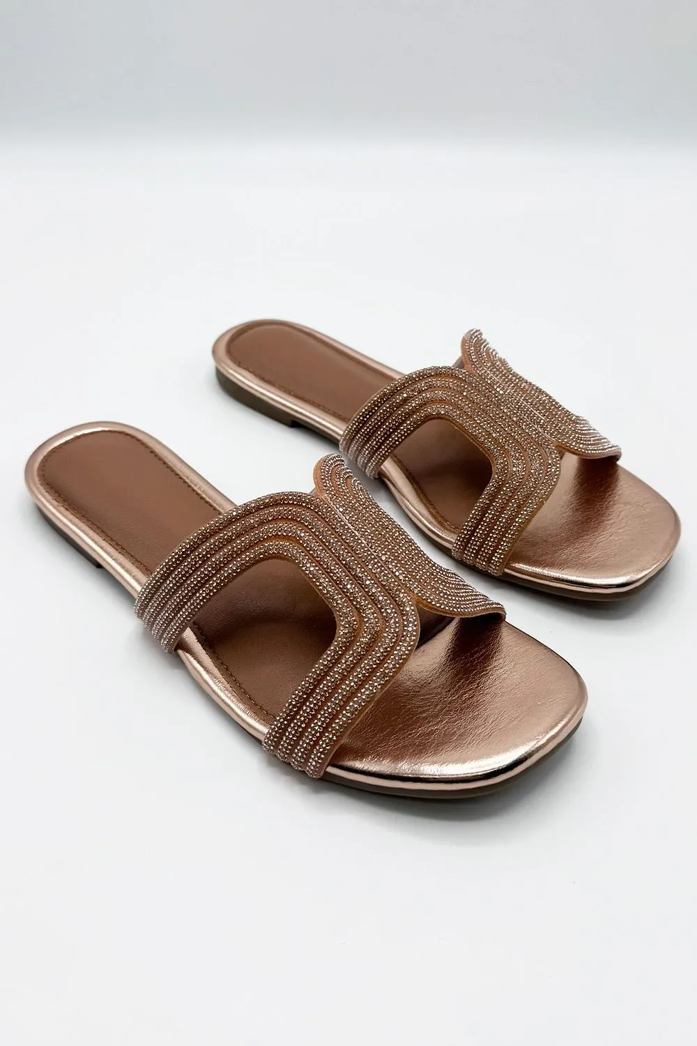 Hera Diamante Embellished Cut-Out Sliders in Rose Gold