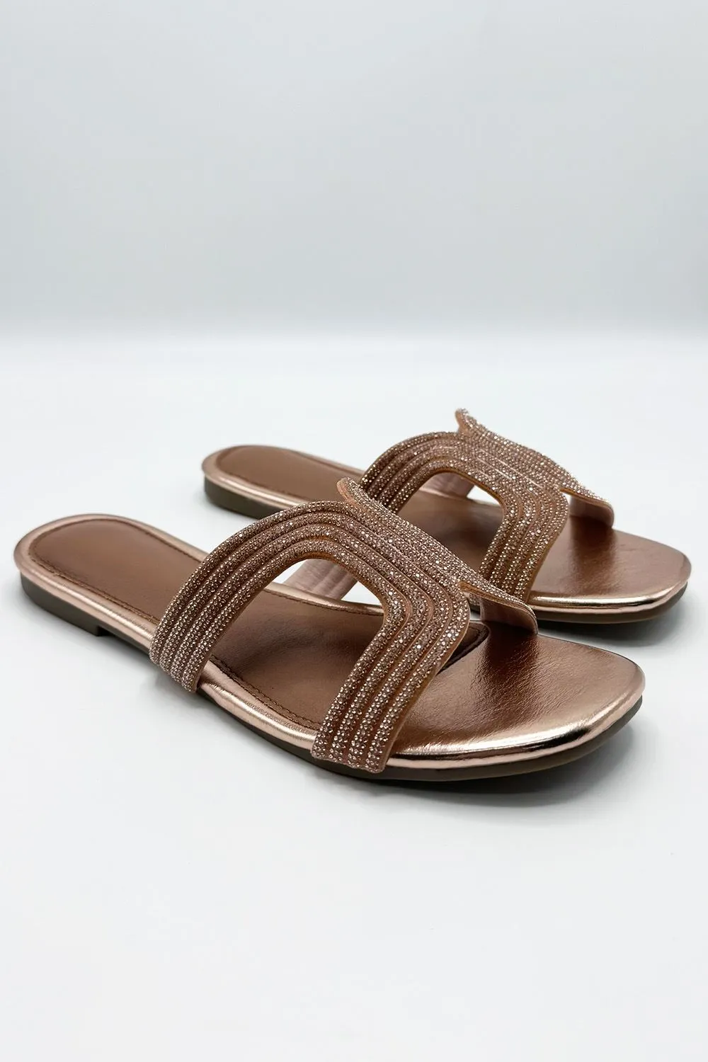 Hera Diamante Embellished Cut-Out Sliders in Rose Gold