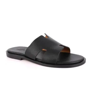 Hermes Paris Black Leather Slippers.