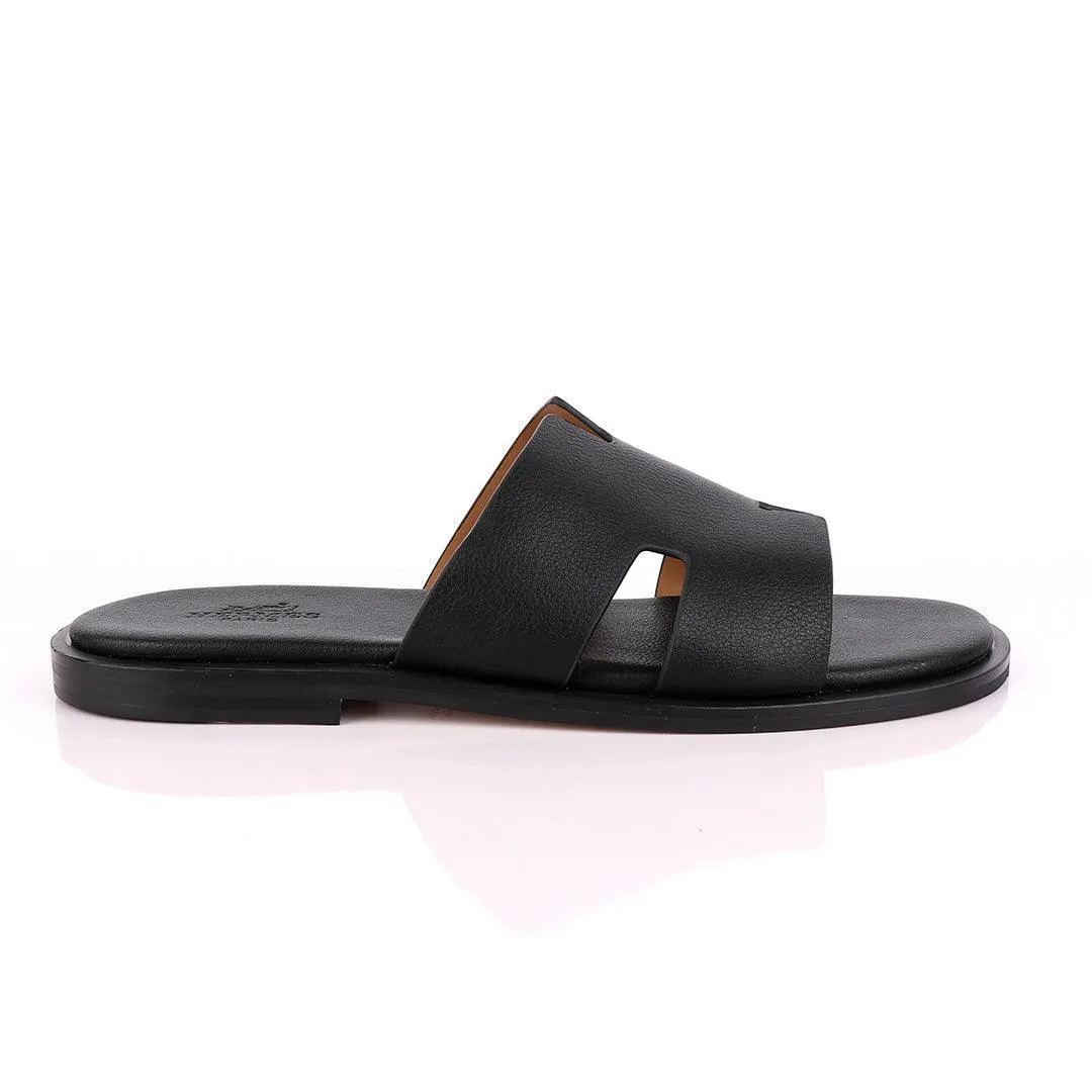 Hermes Paris Black Leather Slippers.