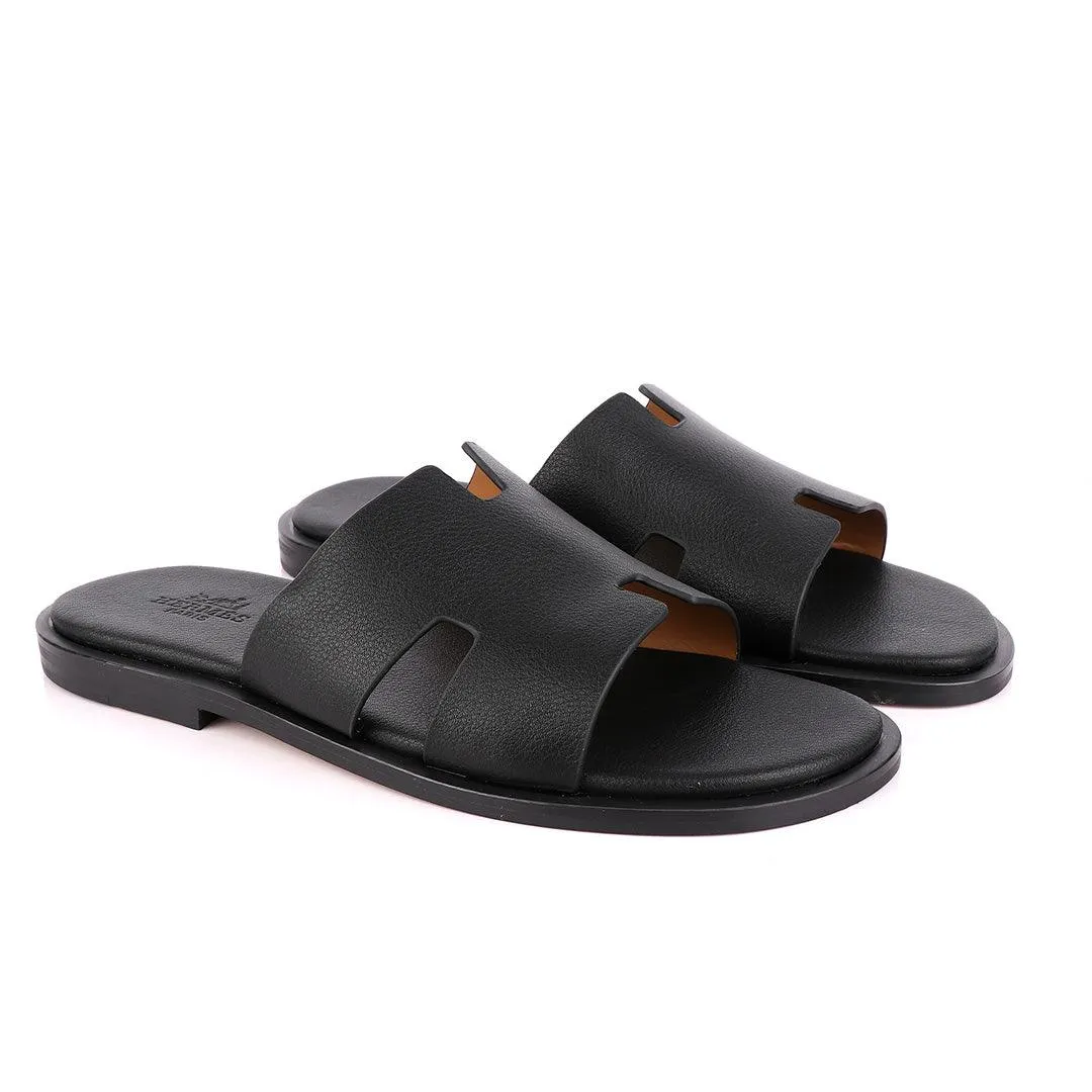 Hermes Paris Black Leather Slippers.