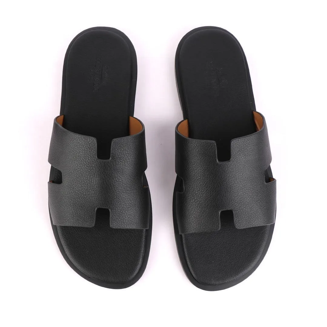 Hermes Paris Black Leather Slippers.
