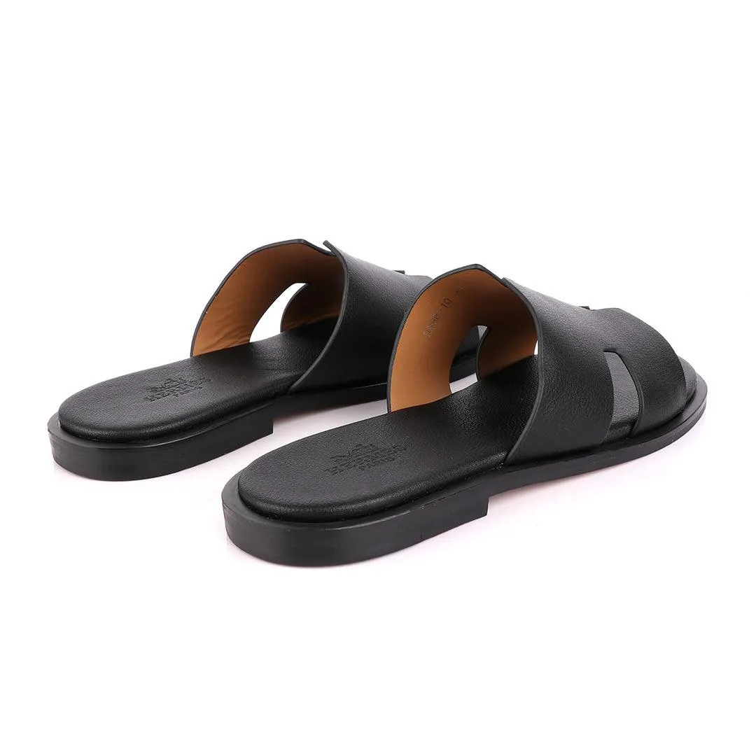Hermes Paris Black Leather Slippers.