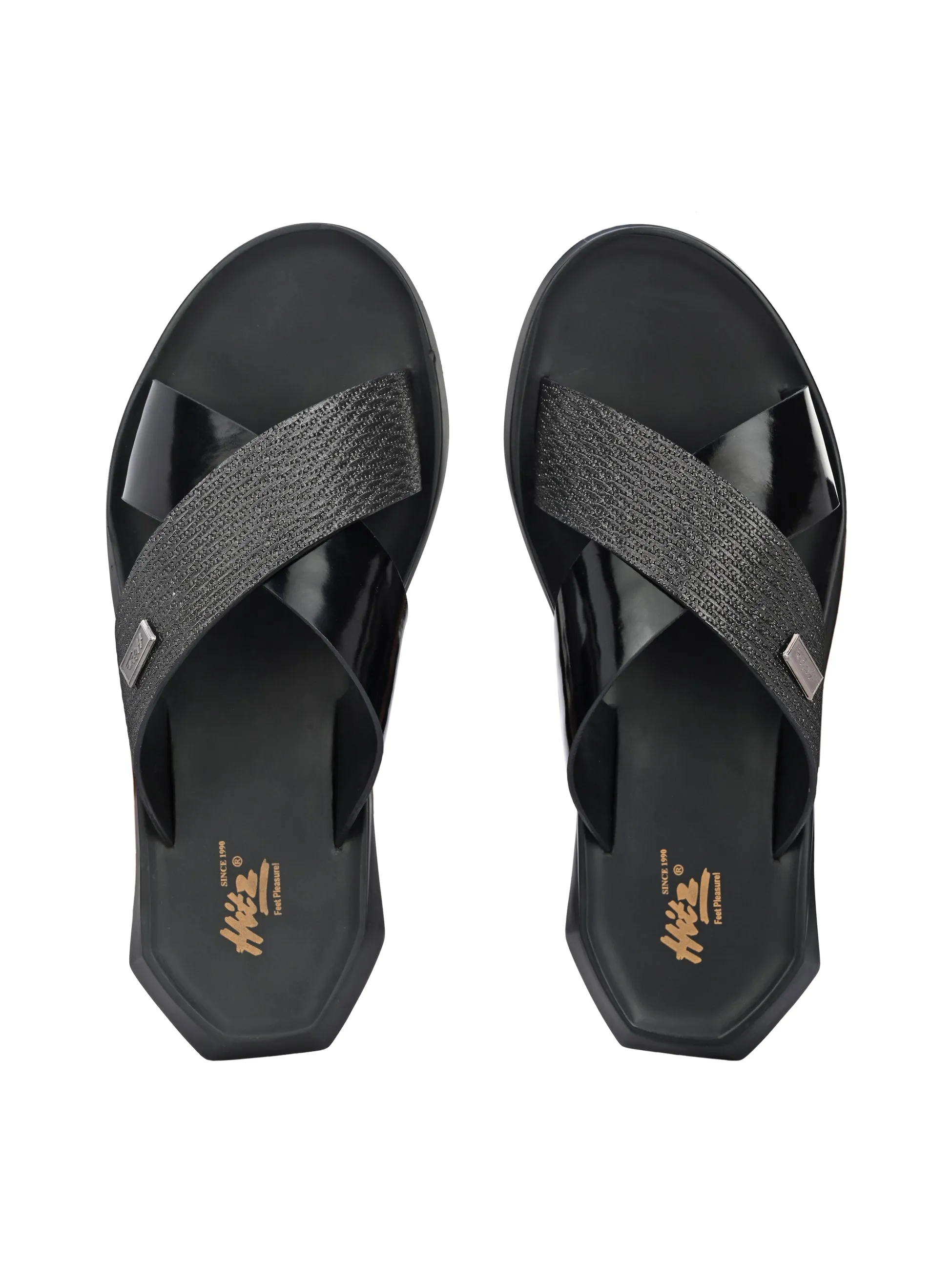 Hitz Men's Black Leather Slippers with Open Toe