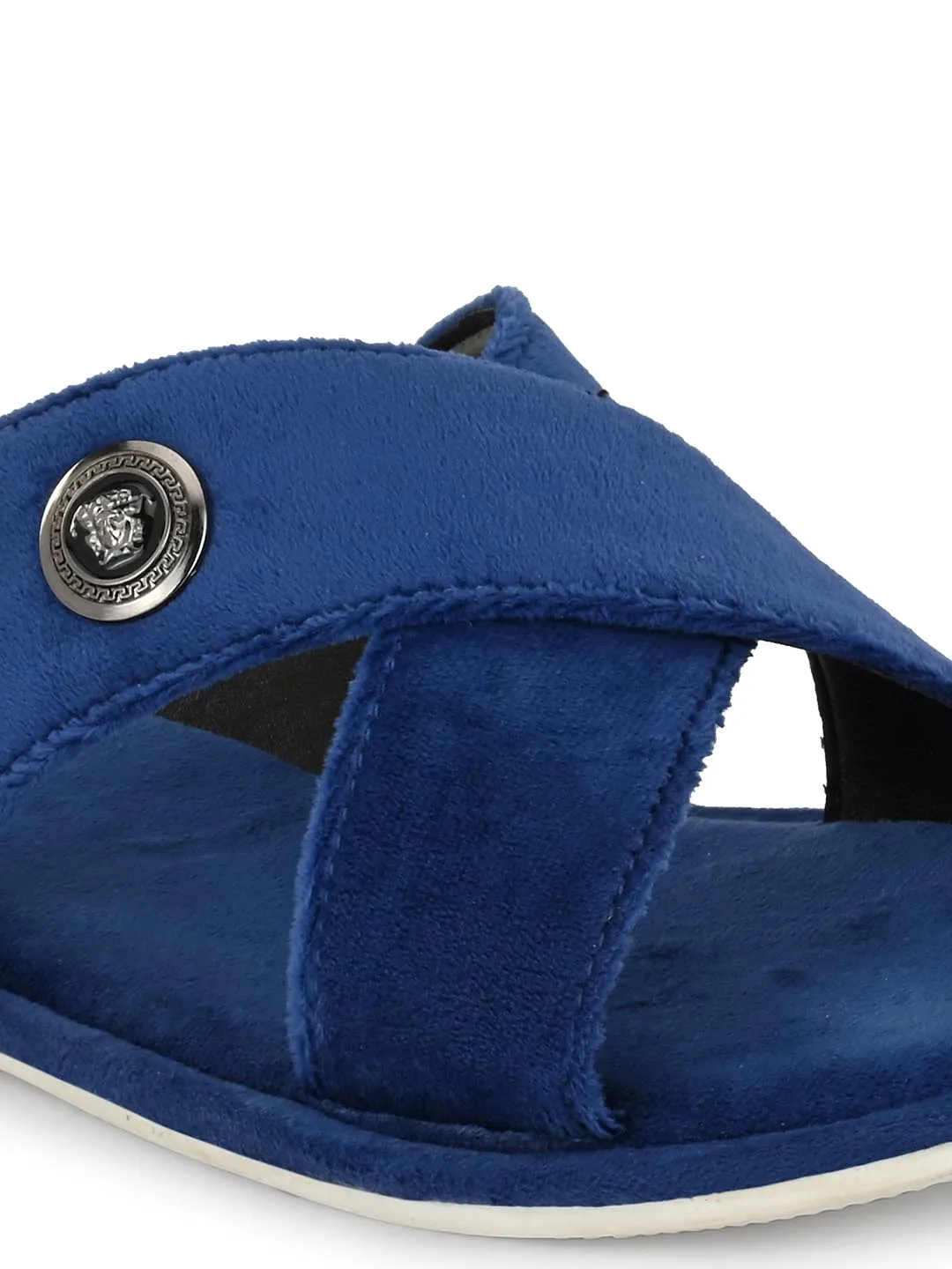 Hitz Men's Blue Leather Casual Open Toe Indoor Outdoor Slippers