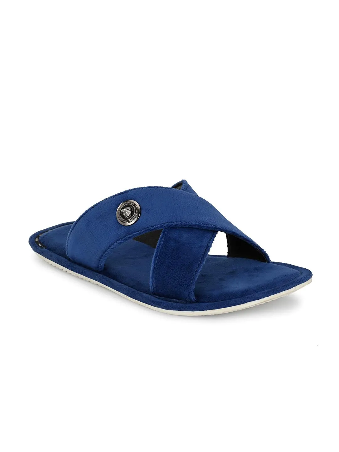 Hitz Men's Blue Leather Casual Open Toe Indoor Outdoor Slippers
