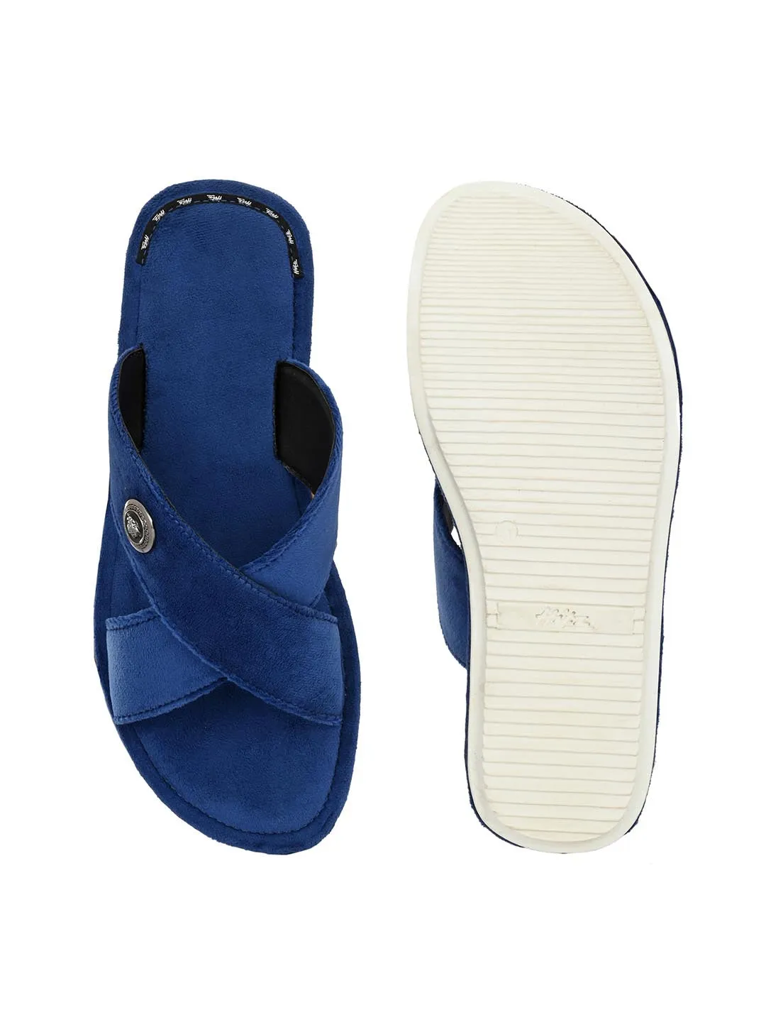 Hitz Men's Blue Leather Casual Open Toe Indoor Outdoor Slippers