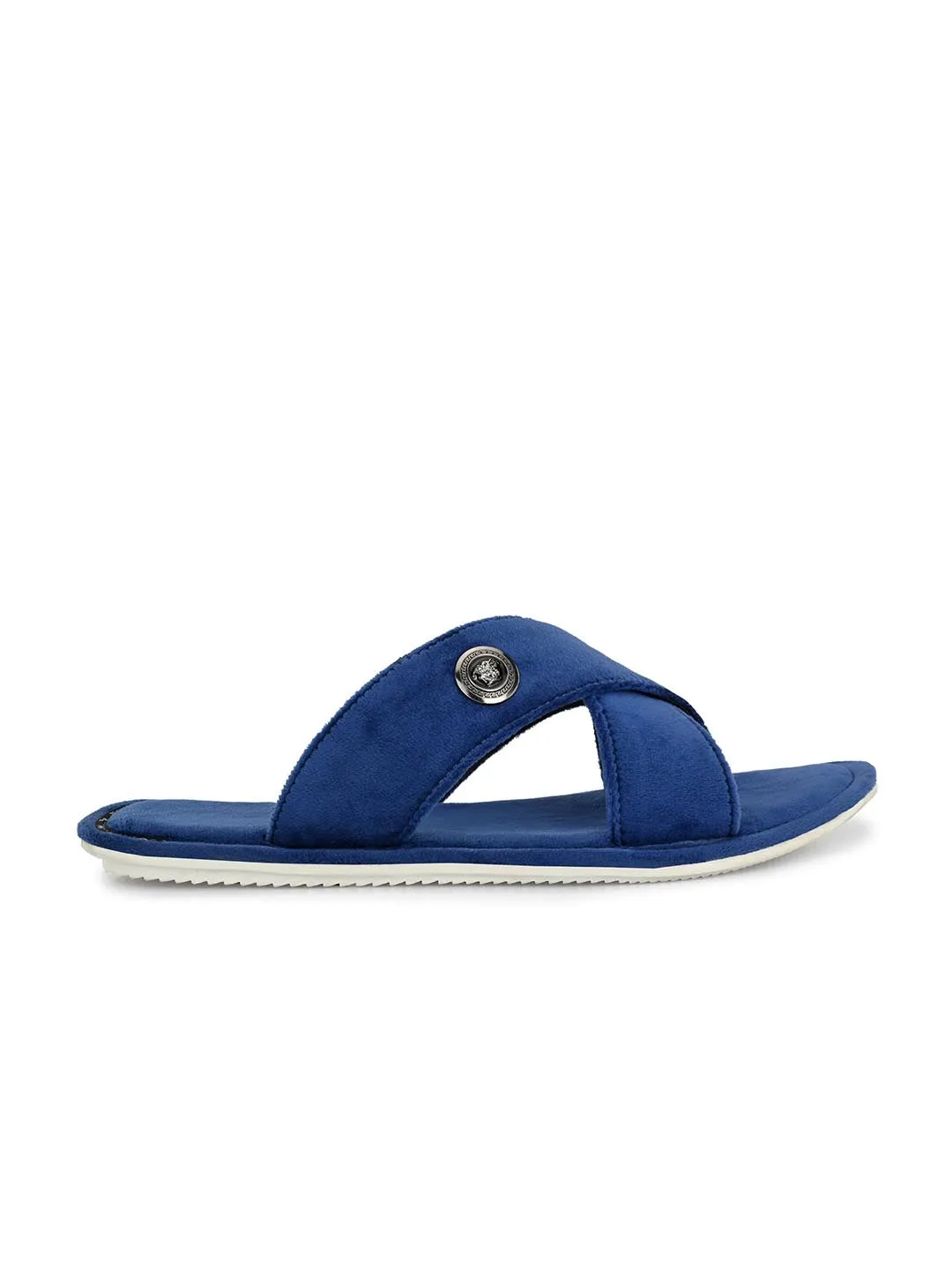 Hitz Men's Blue Leather Casual Open Toe Indoor Outdoor Slippers