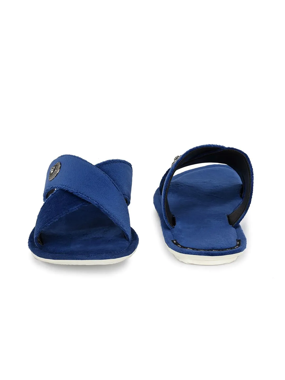 Hitz Men's Blue Leather Casual Open Toe Indoor Outdoor Slippers