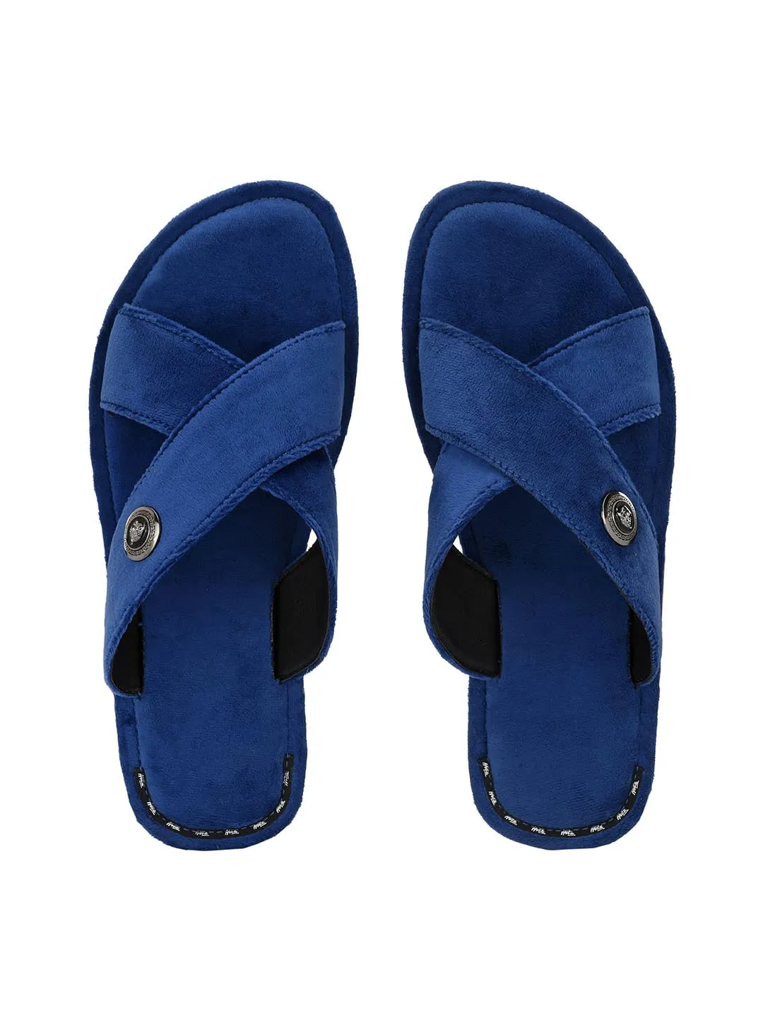Hitz Men's Blue Leather Casual Open Toe Indoor Outdoor Slippers