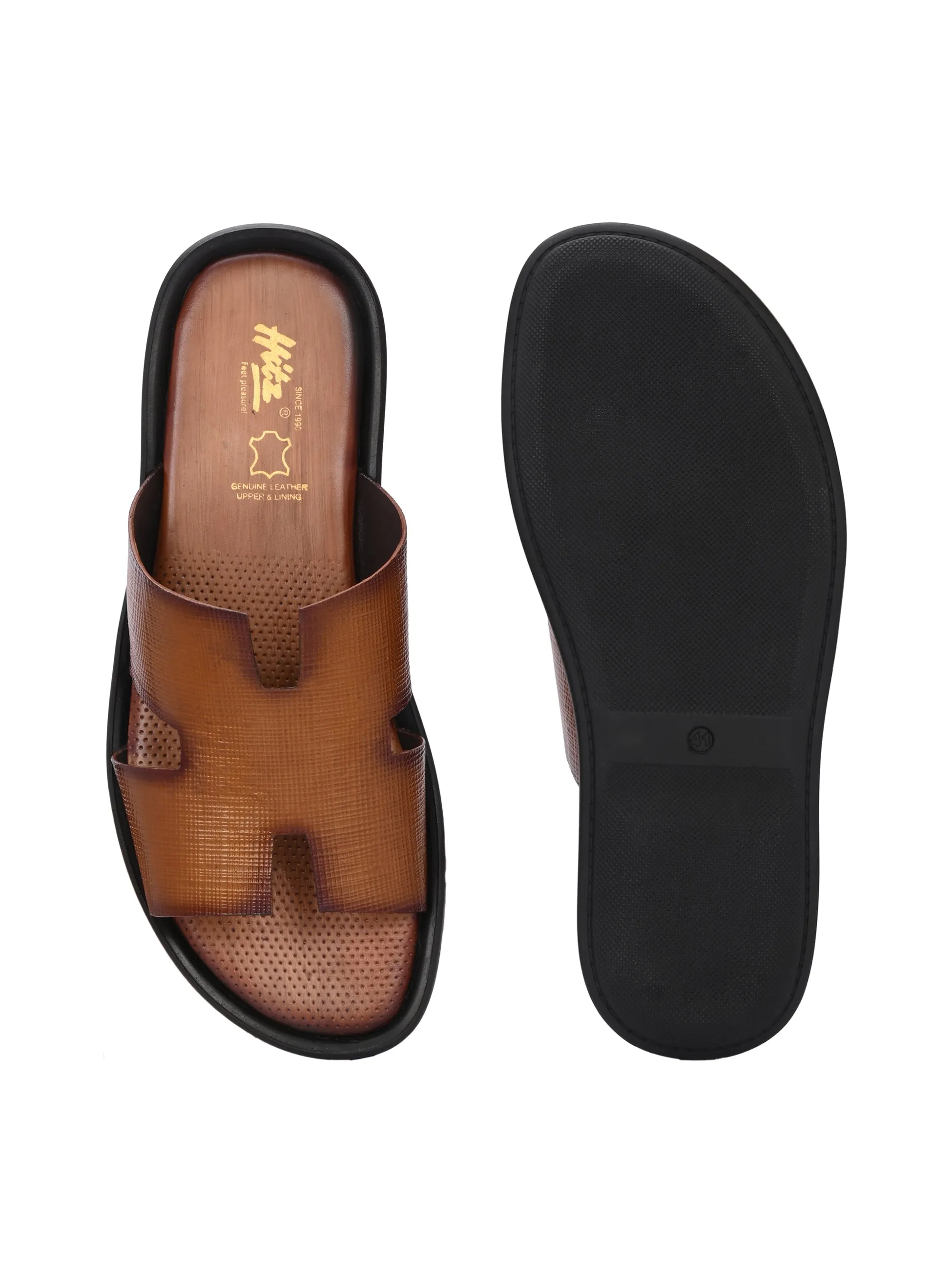 Hitz Men's Tan Leather Daily Wear Slippers