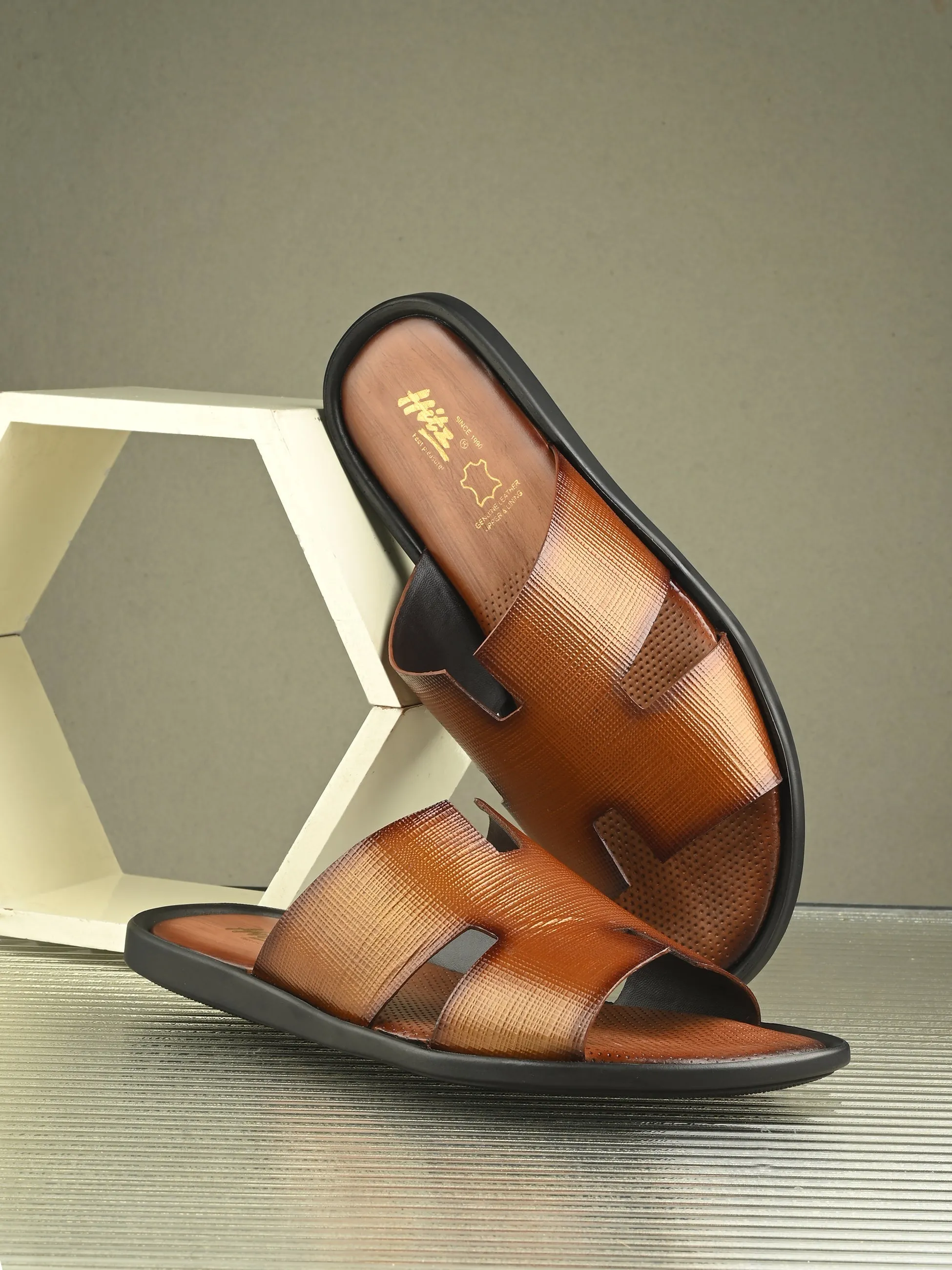 Hitz Men's Tan Leather Daily Wear Slippers