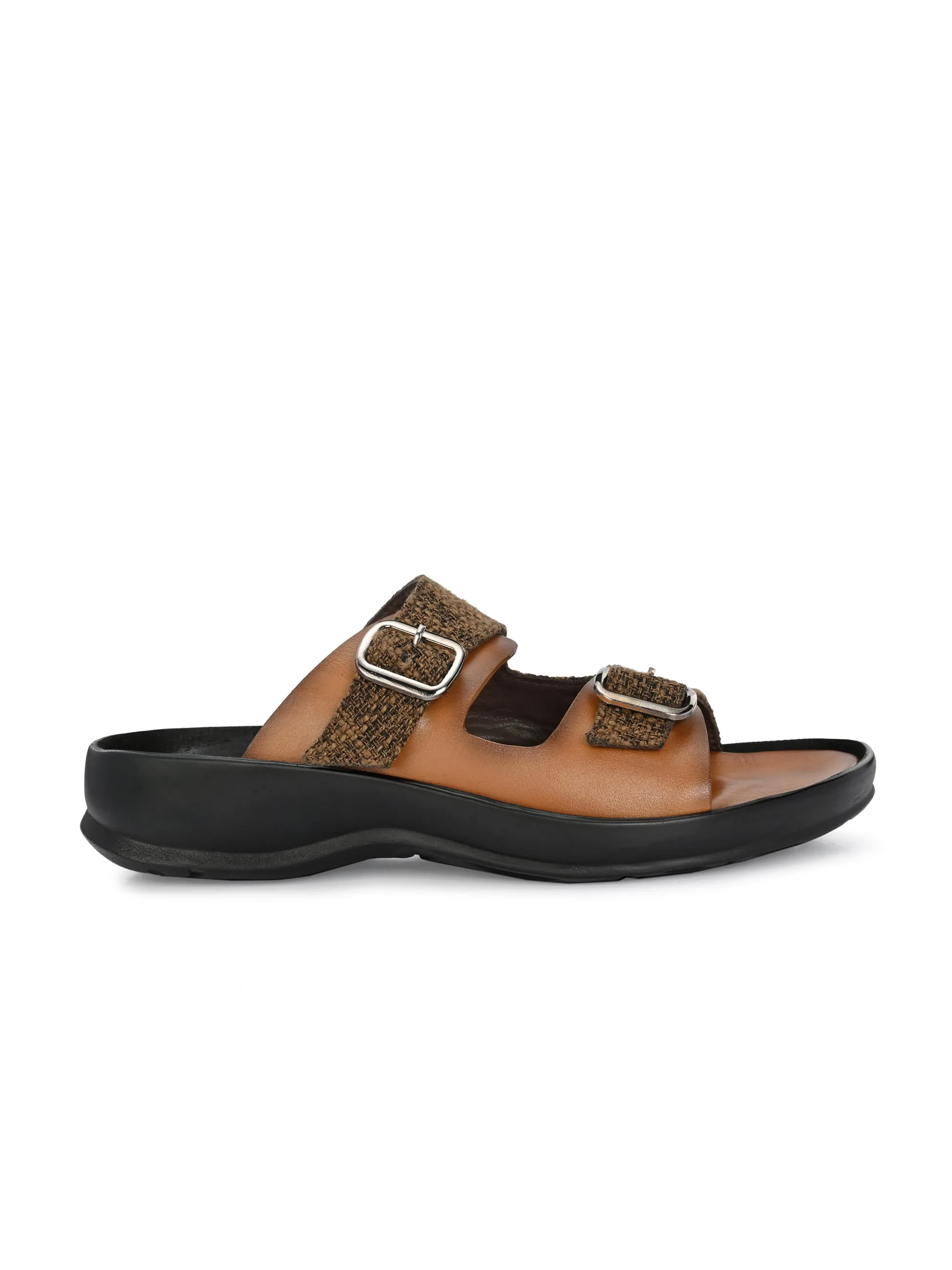 Hitz Men's Tan Leather_Fabric Casual Daily Wear Slipper