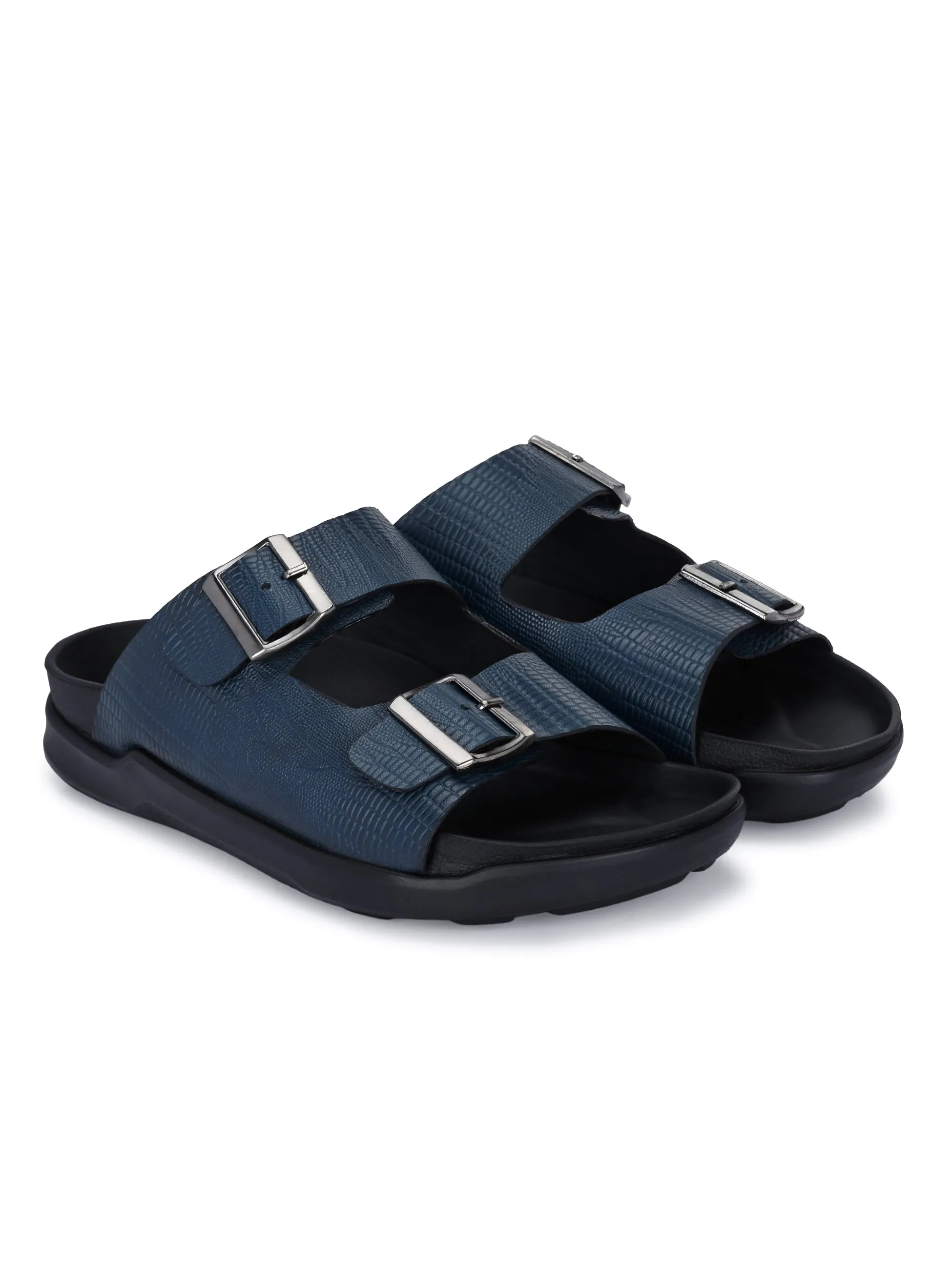 HITZ0025 Men's Blue Leather Daily Wear Buckle Slipper