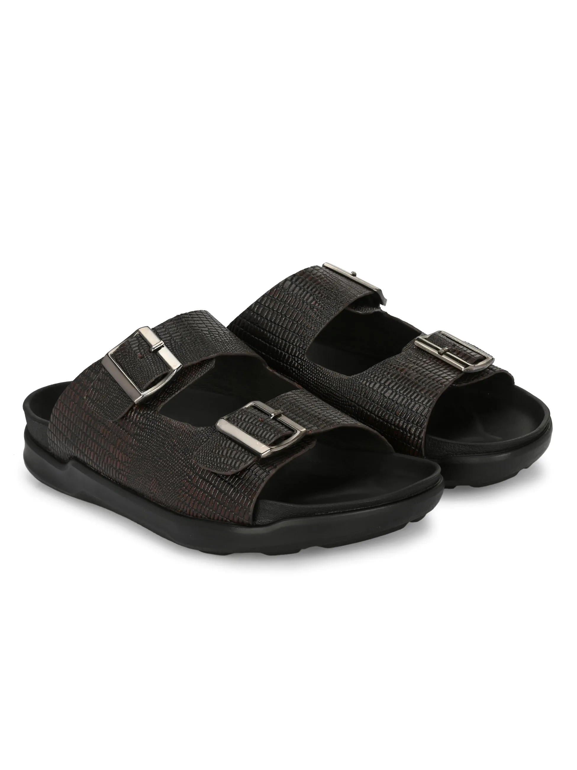HITZ0026 Men's Brown Leather Daily Wear Buckle Slipper