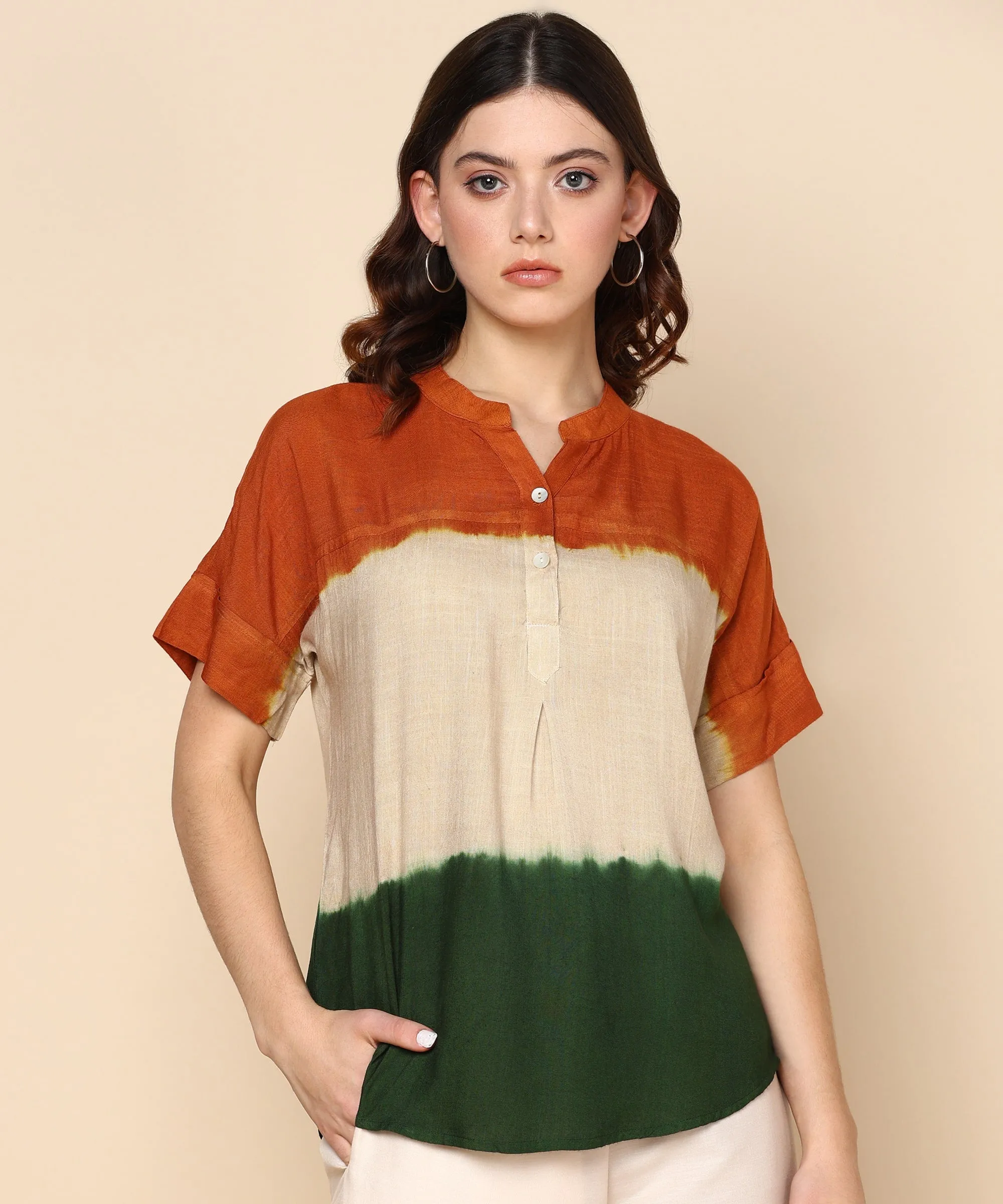 Indian Flag-Inspired Tri-Colored Ombre Dyed Rayon Top