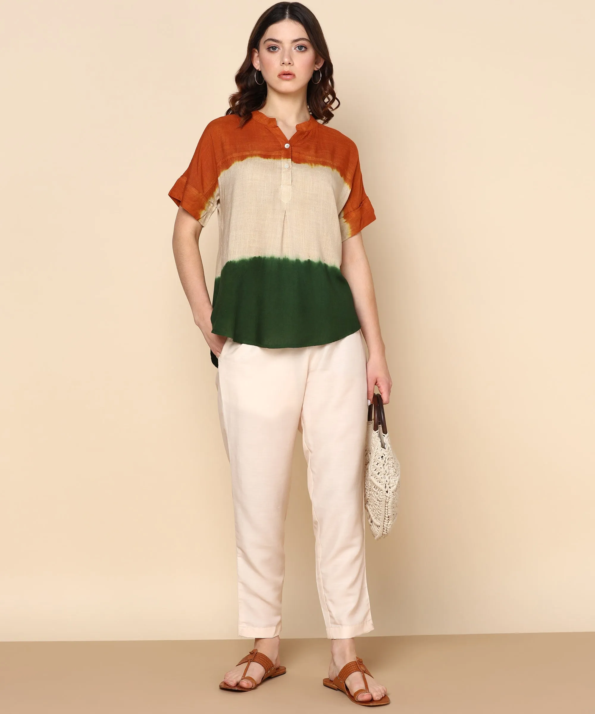 Indian Flag-Inspired Tri-Colored Ombre Dyed Rayon Top