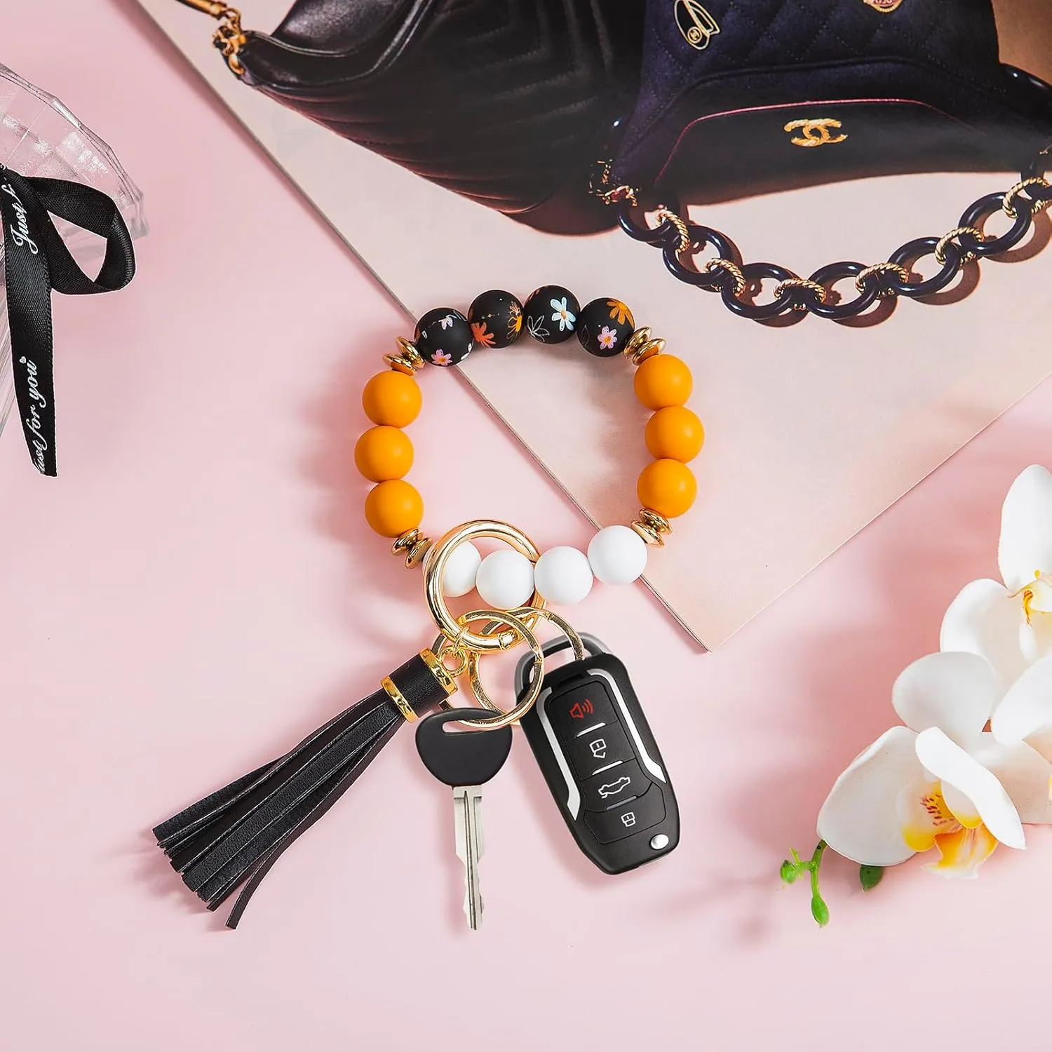 Key Ring Bracelet Car Keychain Holder Wristlet Silicone Beaded Bangle Chains for Women