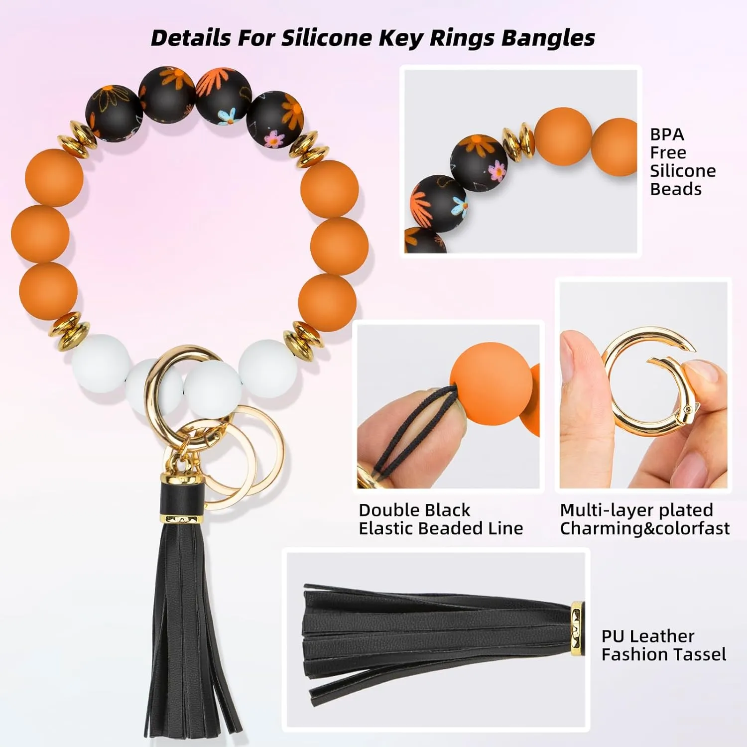 Key Ring Bracelet Car Keychain Holder Wristlet Silicone Beaded Bangle Chains for Women