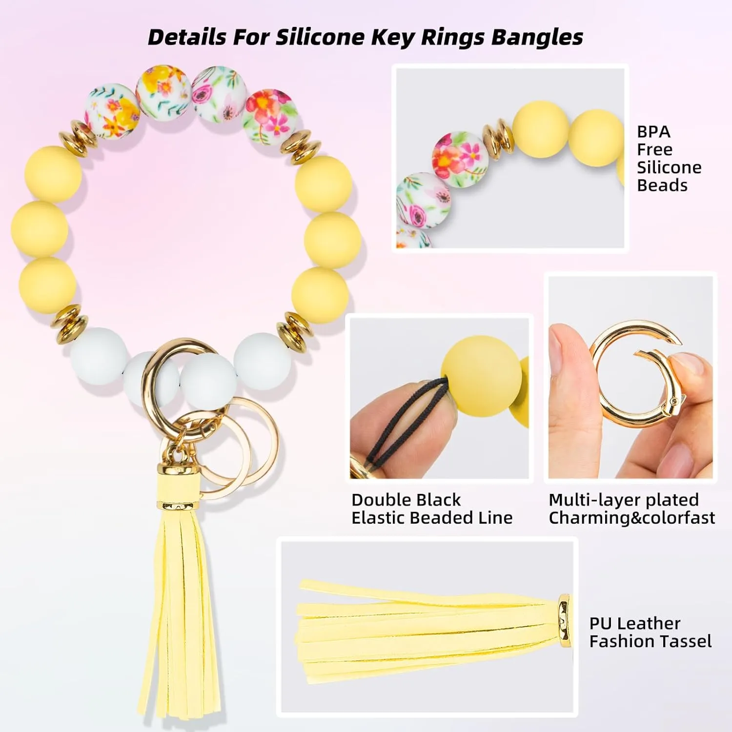 Key Ring Bracelet Car Keychain Holder Wristlet Silicone Beaded Bangle Chains for Women
