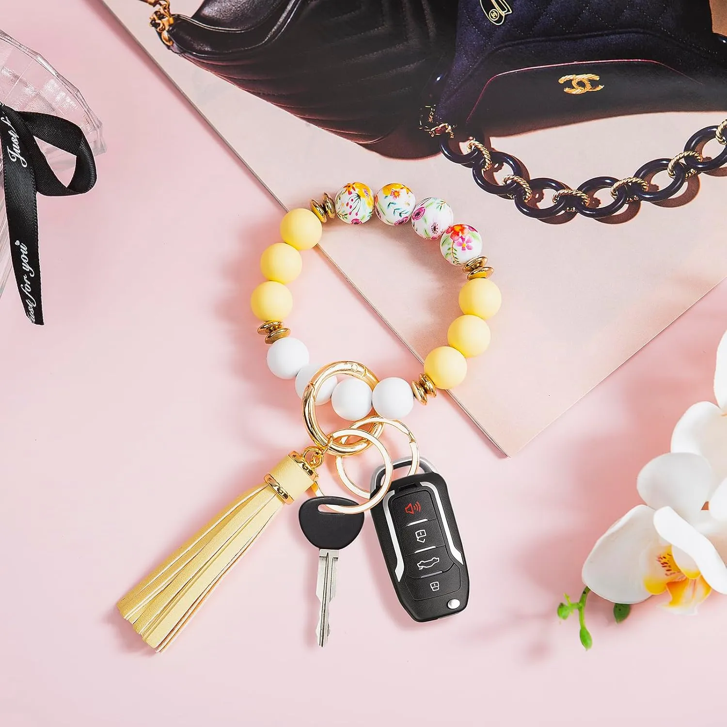 Key Ring Bracelet Car Keychain Holder Wristlet Silicone Beaded Bangle Chains for Women