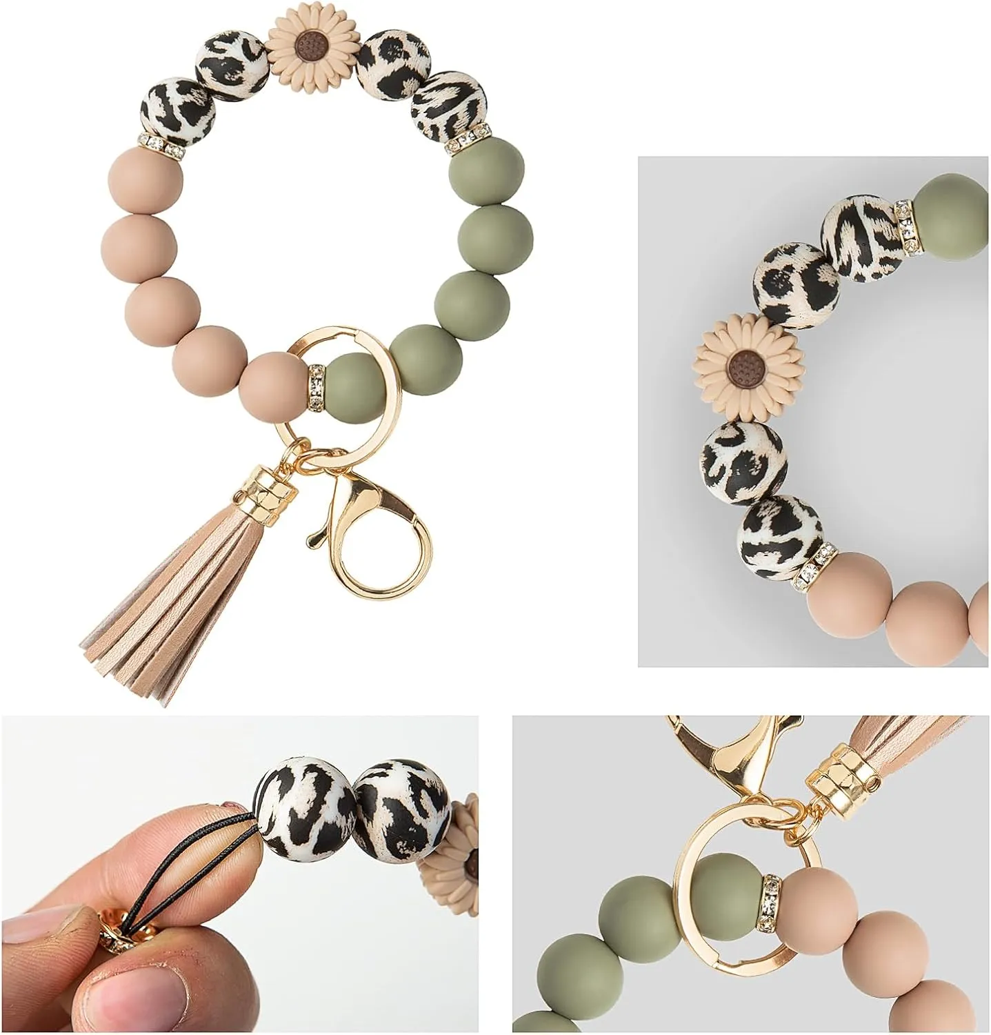 Keychain Bracelet Wristlet with Wallet Card Holder Pocket, Flower Tassel Purse Silicone Key Ring for Women