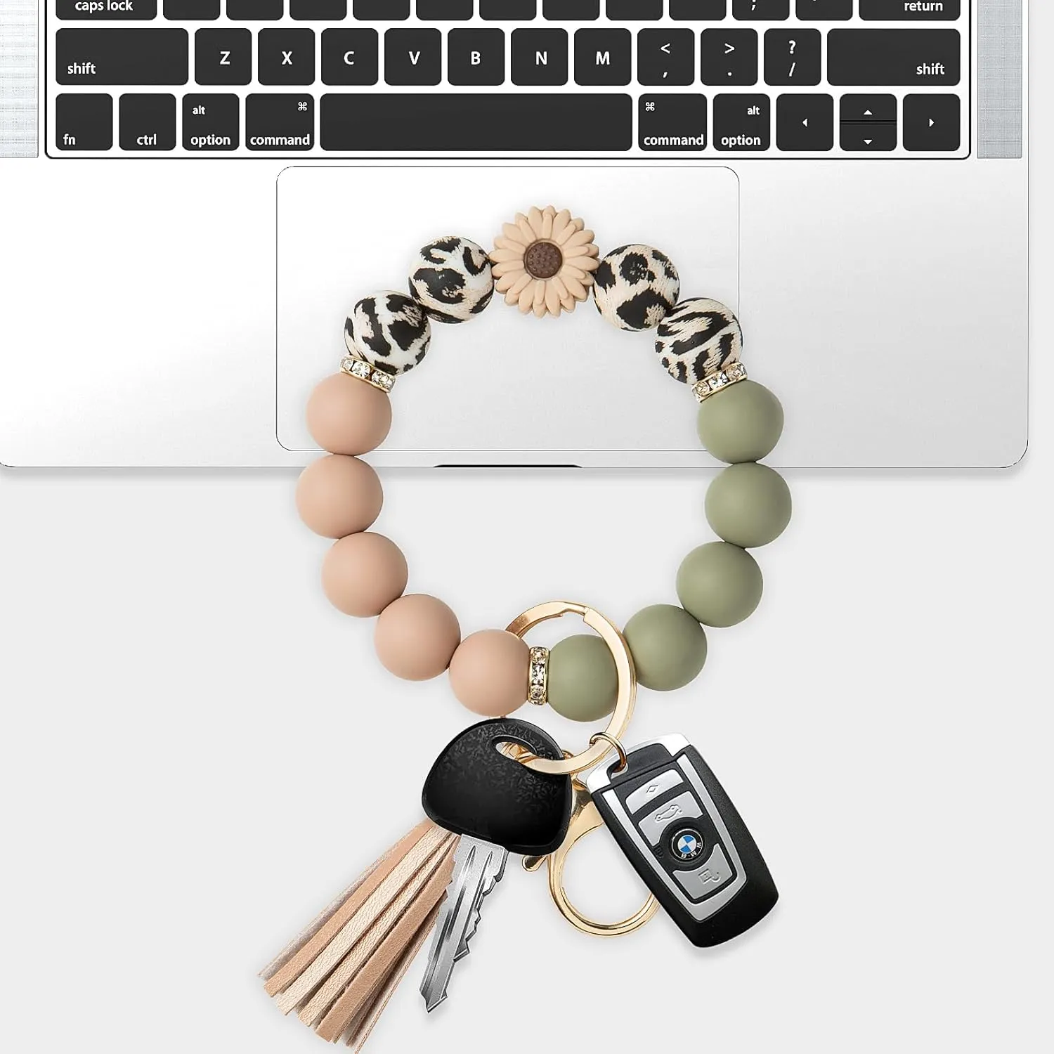 Keychain Bracelet Wristlet with Wallet Card Holder Pocket, Flower Tassel Purse Silicone Key Ring for Women
