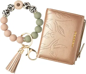 Keychain Bracelet Wristlet with Wallet Card Holder Pocket, Flower Tassel Purse Silicone Key Ring for Women
