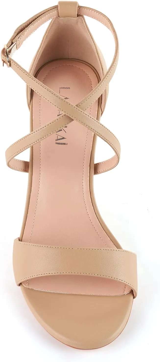 LALA IKAI Womens Ankle Strap Heels Chunky Block Rhinestone Sandals 3 Inch Open Toe Heels Party Wedding Prom Shoes