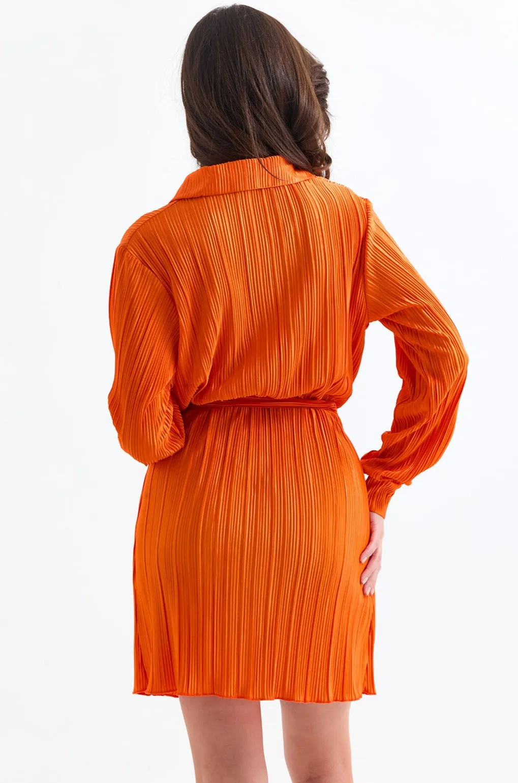 Long Sleeve Pleated Shirt Mini Dress in Orange