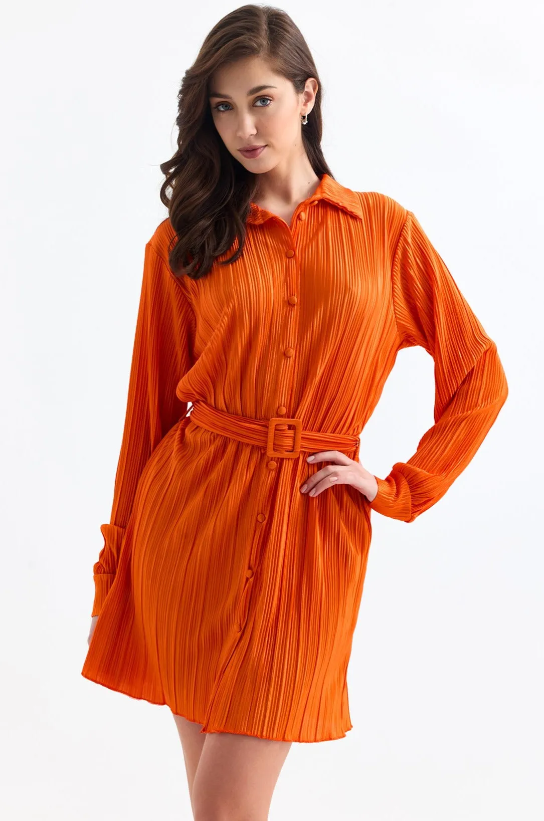 Long Sleeve Pleated Shirt Mini Dress in Orange