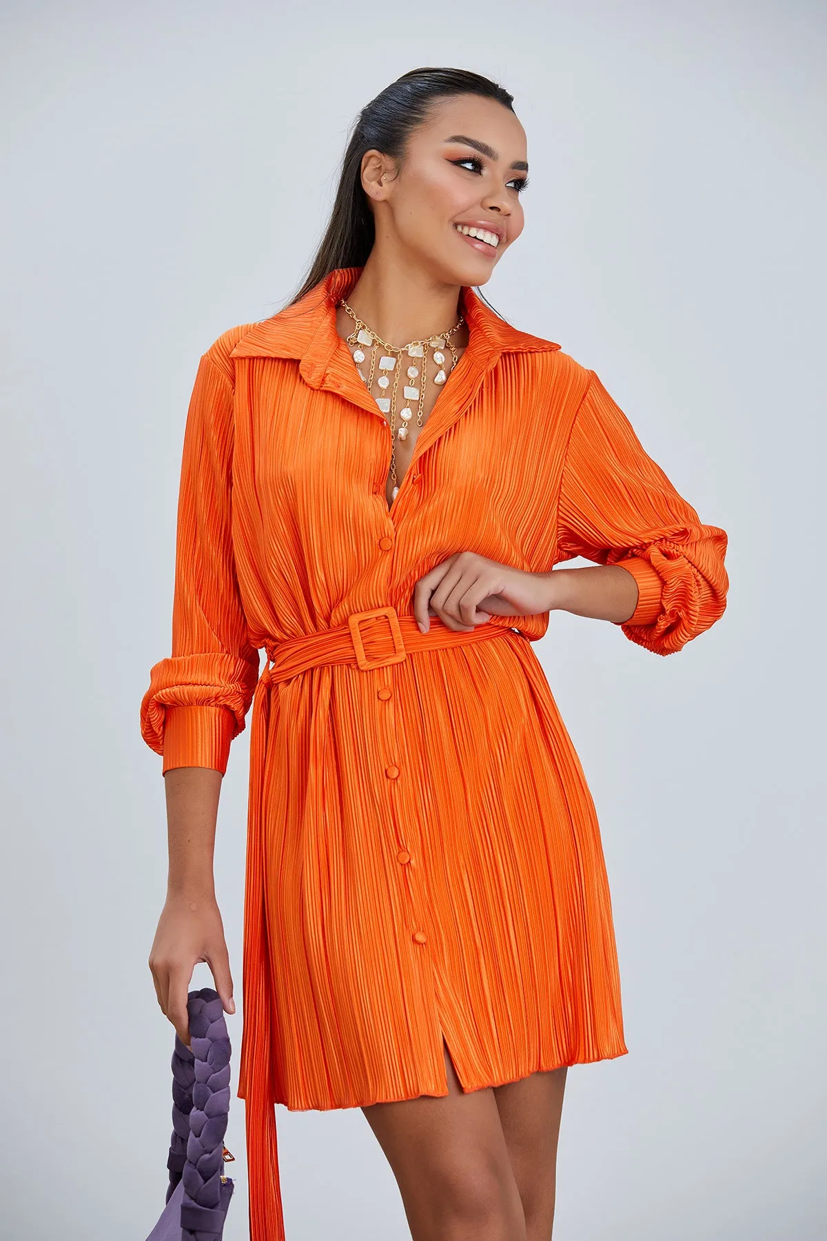 Long Sleeve Pleated Shirt Mini Dress in Orange