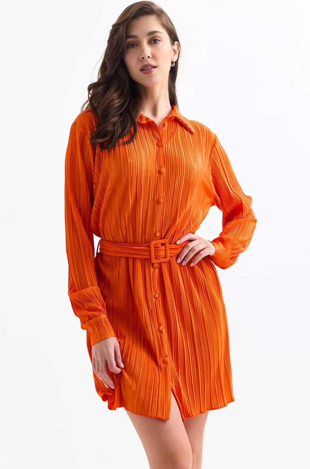 Long Sleeve Pleated Shirt Mini Dress in Orange