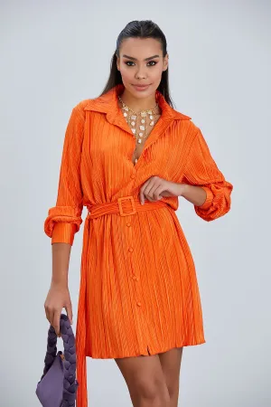 Long Sleeve Pleated Shirt Mini Dress in Orange