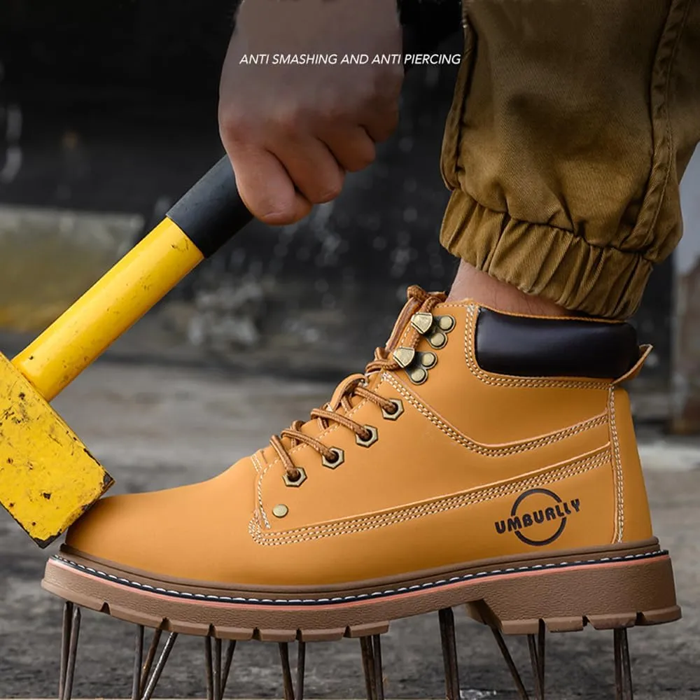 Men's cowhide leather upper steel-toed shoes indestructible puncture-proof work shoes waterproof lightweight and comfortable all-season safety shoes ideal for construction industry