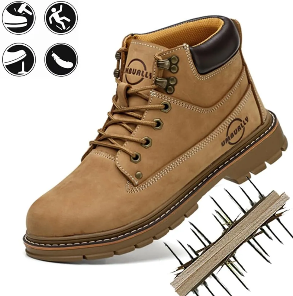Men's cowhide leather upper steel-toed shoes indestructible puncture-proof work shoes waterproof lightweight and comfortable all-season safety shoes ideal for construction industry