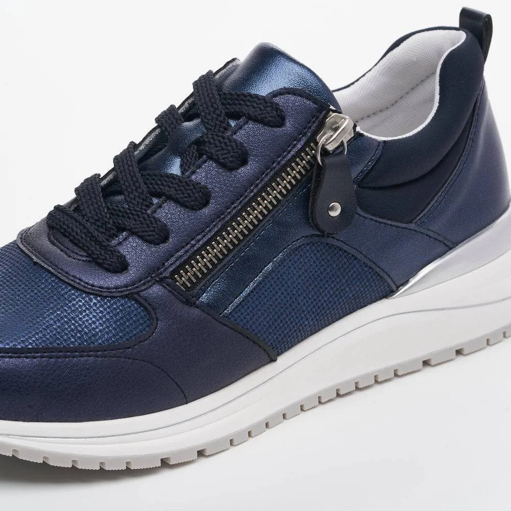 Remonte R3702-14 Ladies Navy Blue Leather & Textile Zip & Lace Trainers