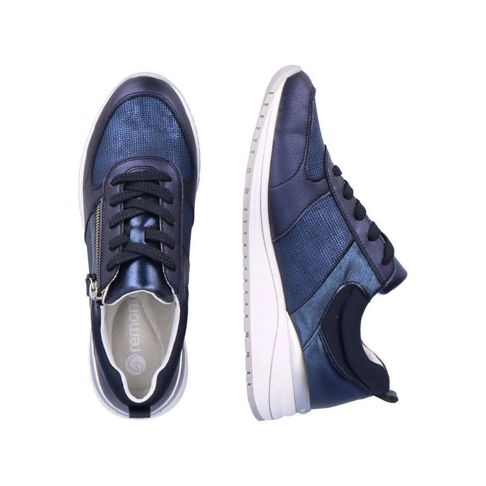 Remonte R3702-14 Ladies Navy Blue Leather & Textile Zip & Lace Trainers