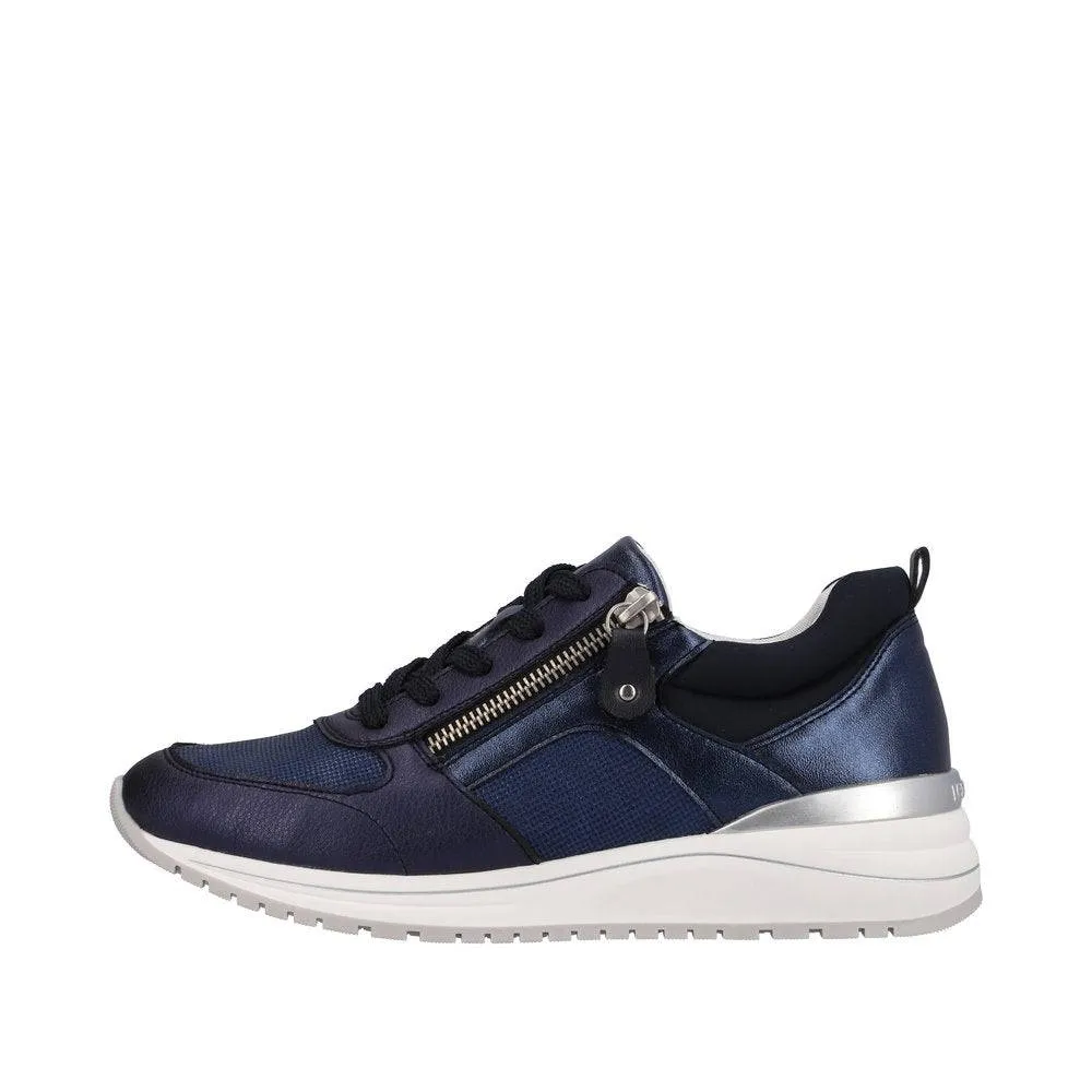 Remonte R3702-14 Ladies Navy Blue Leather & Textile Zip & Lace Trainers