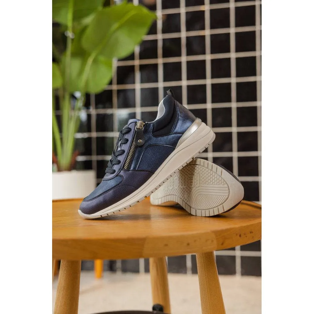 Remonte R3702-14 Ladies Navy Blue Leather & Textile Zip & Lace Trainers