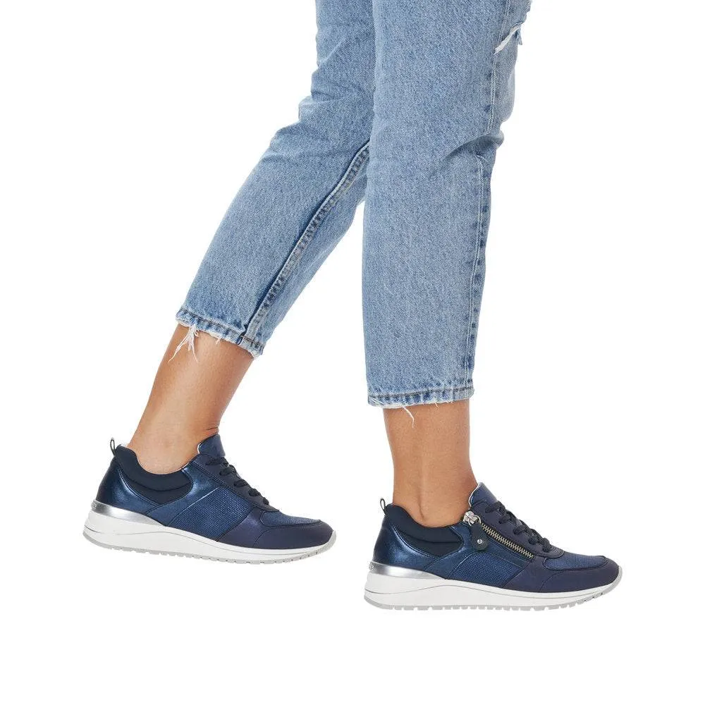 Remonte R3702-14 Ladies Navy Blue Leather & Textile Zip & Lace Trainers