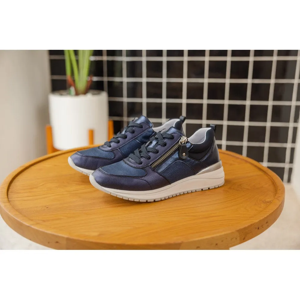 Remonte R3702-14 Ladies Navy Blue Leather & Textile Zip & Lace Trainers