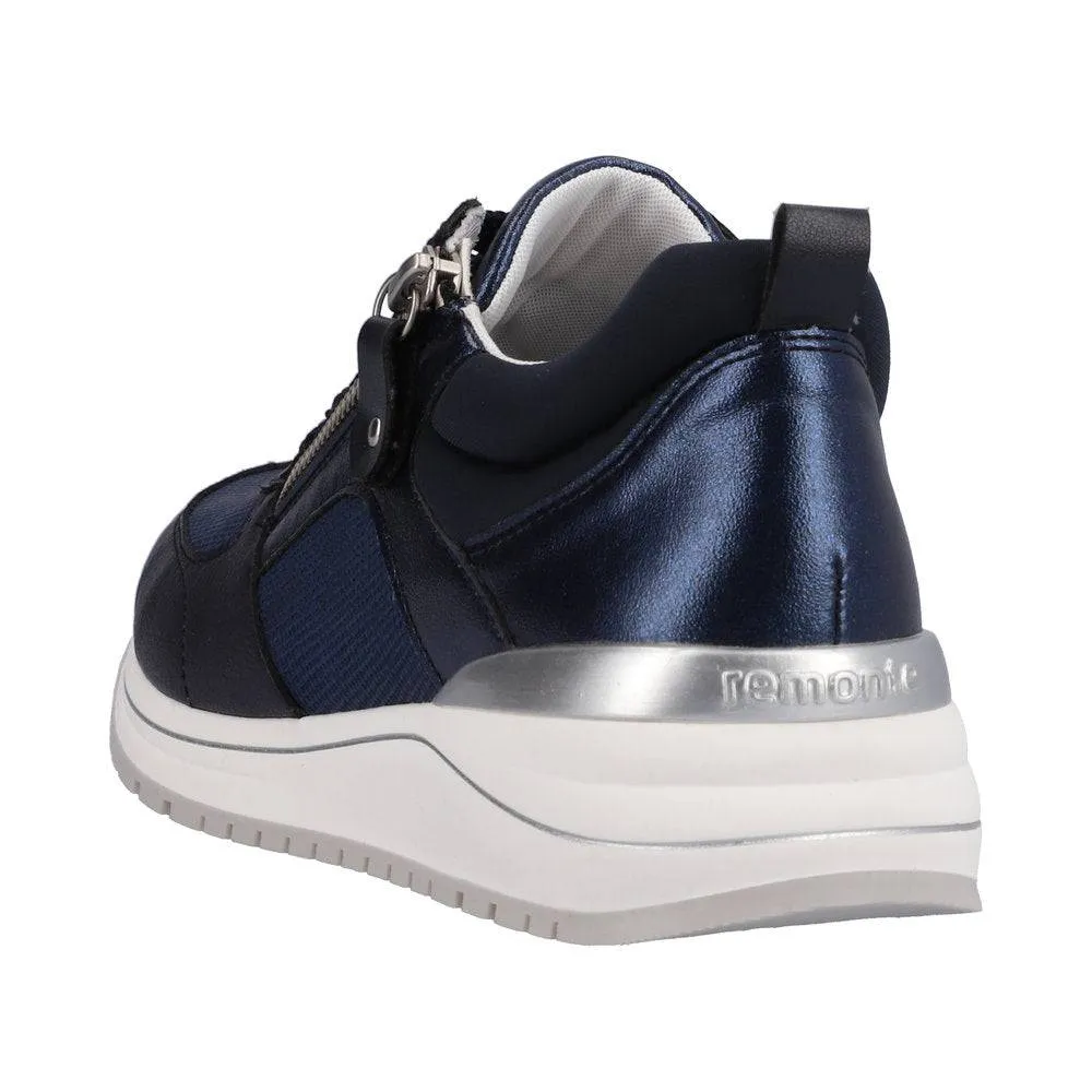 Remonte R3702-14 Ladies Navy Blue Leather & Textile Zip & Lace Trainers