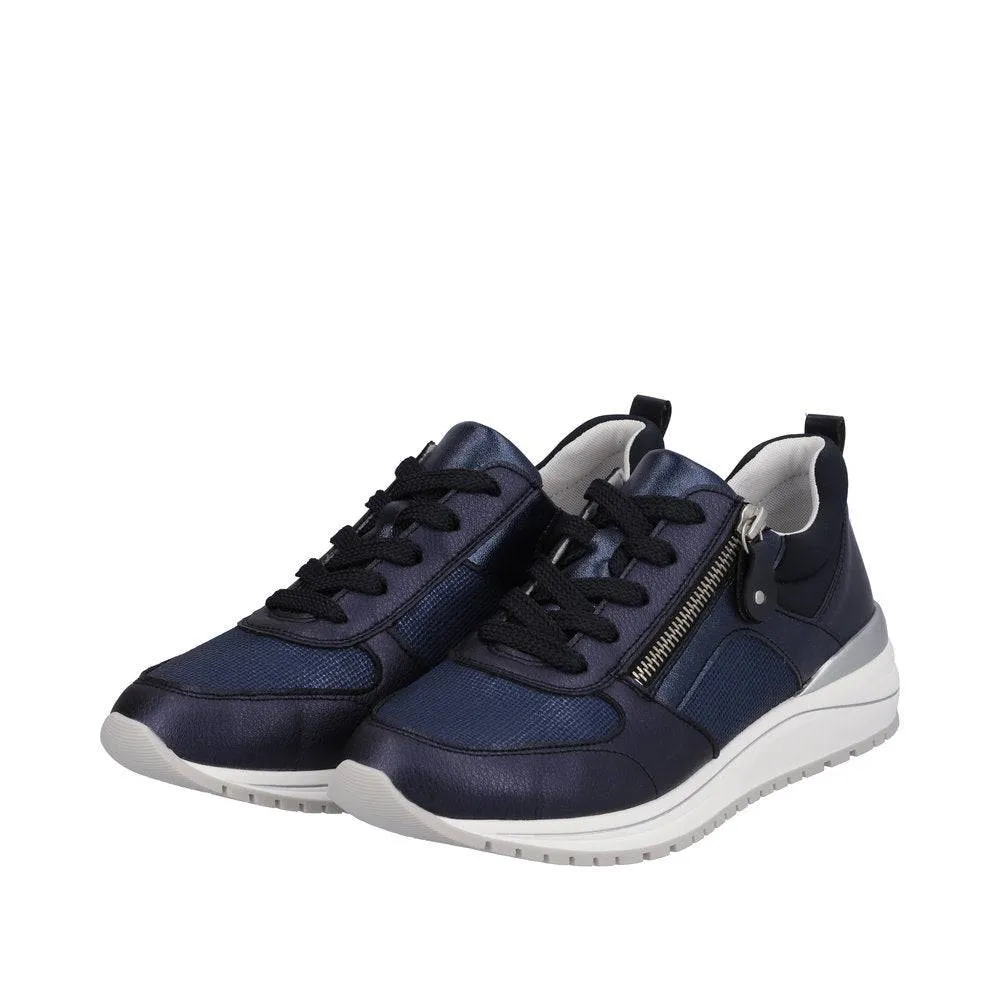 Remonte R3702-14 Ladies Navy Blue Leather & Textile Zip & Lace Trainers