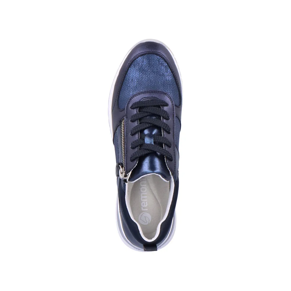 Remonte R3702-14 Ladies Navy Blue Leather & Textile Zip & Lace Trainers