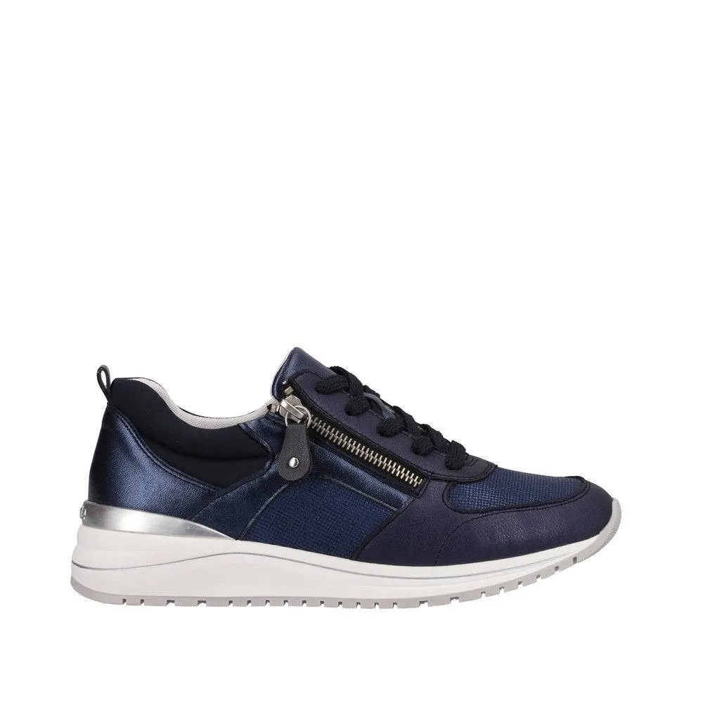 Remonte R3702-14 Ladies Navy Blue Leather & Textile Zip & Lace Trainers