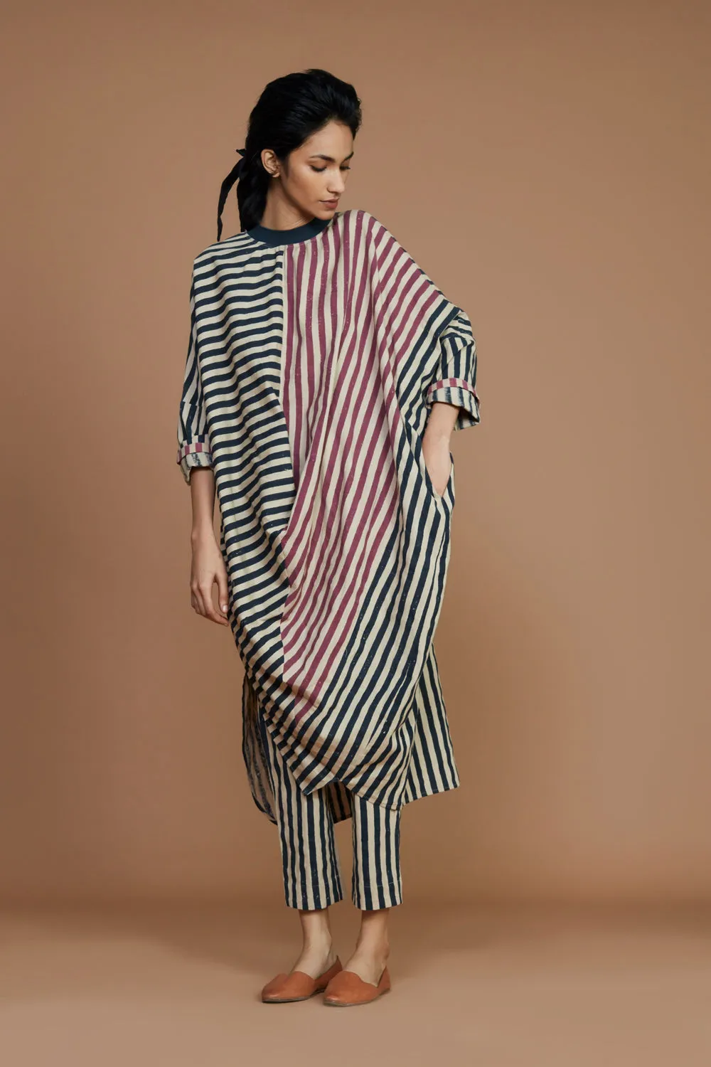 Ribbed Cowl Tunic Striped Ivory Co-Ord Set (2 Pcs)