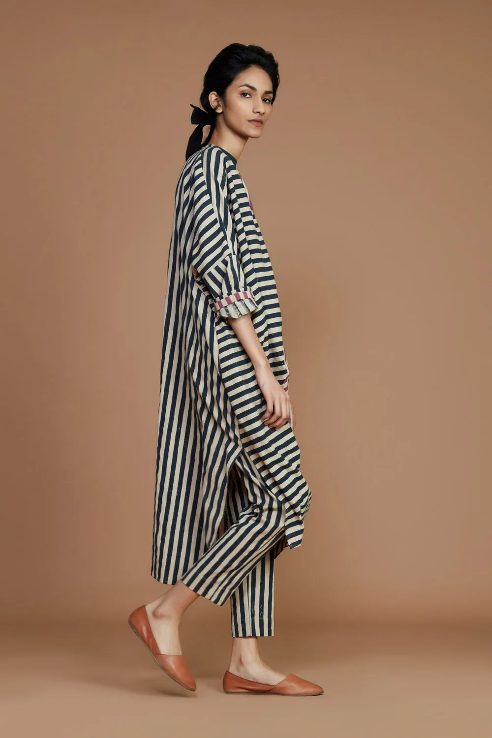 Ribbed Cowl Tunic Striped Ivory Co-Ord Set (2 Pcs)
