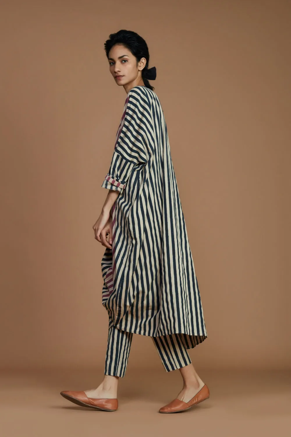Ribbed Cowl Tunic Striped Ivory Co-Ord Set (2 Pcs)